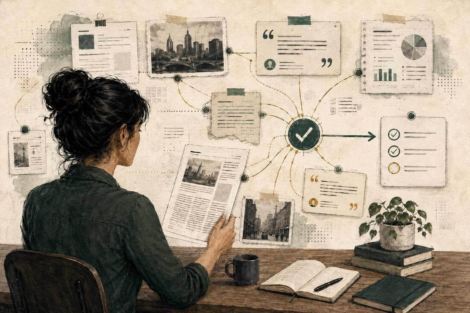 A reader traces quotations, documents, and source records through an evidence trail while reviewing a news article.