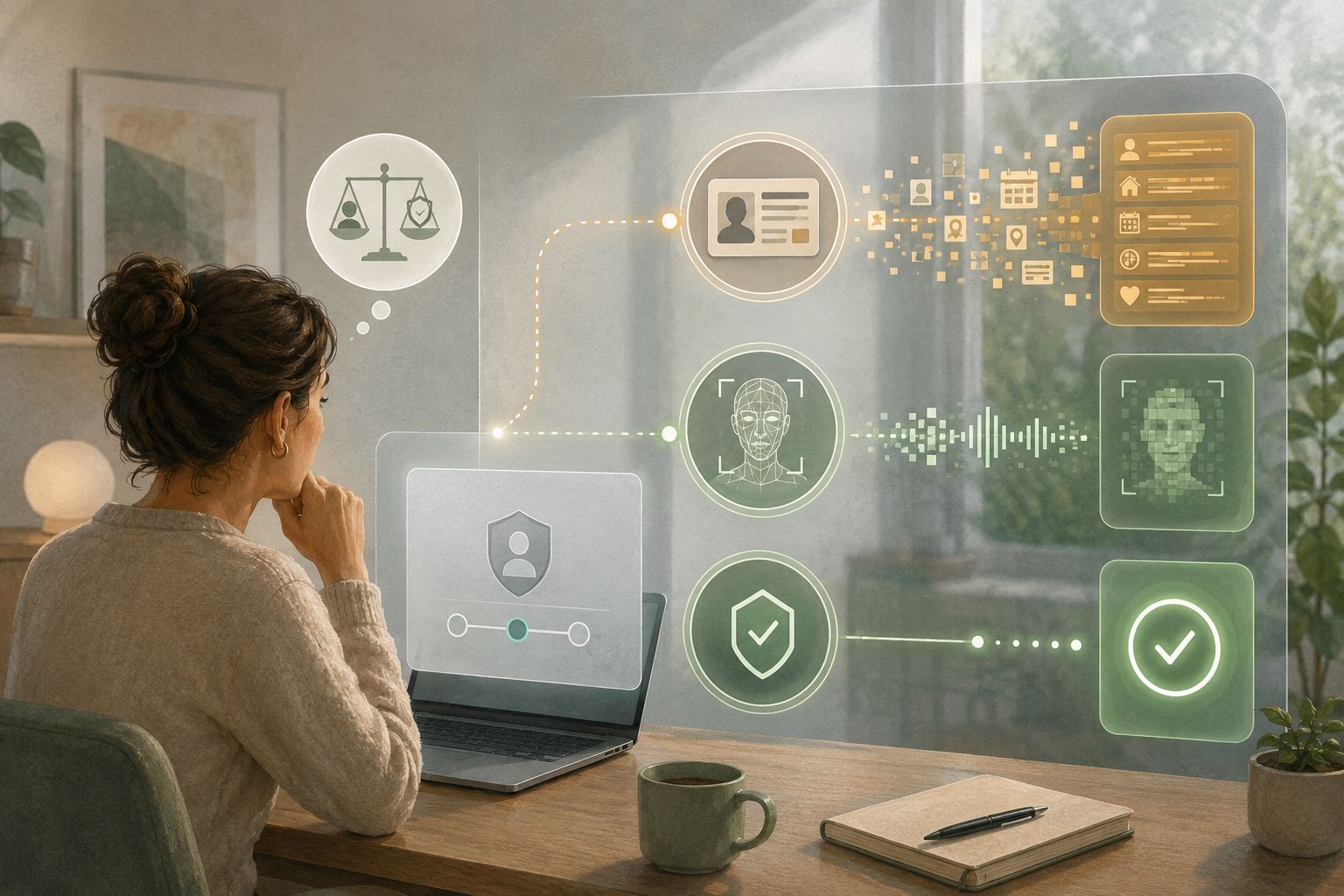 A person at a laptop weighing several age-check options, including an ID card, face scan, and private proof-of-age token.